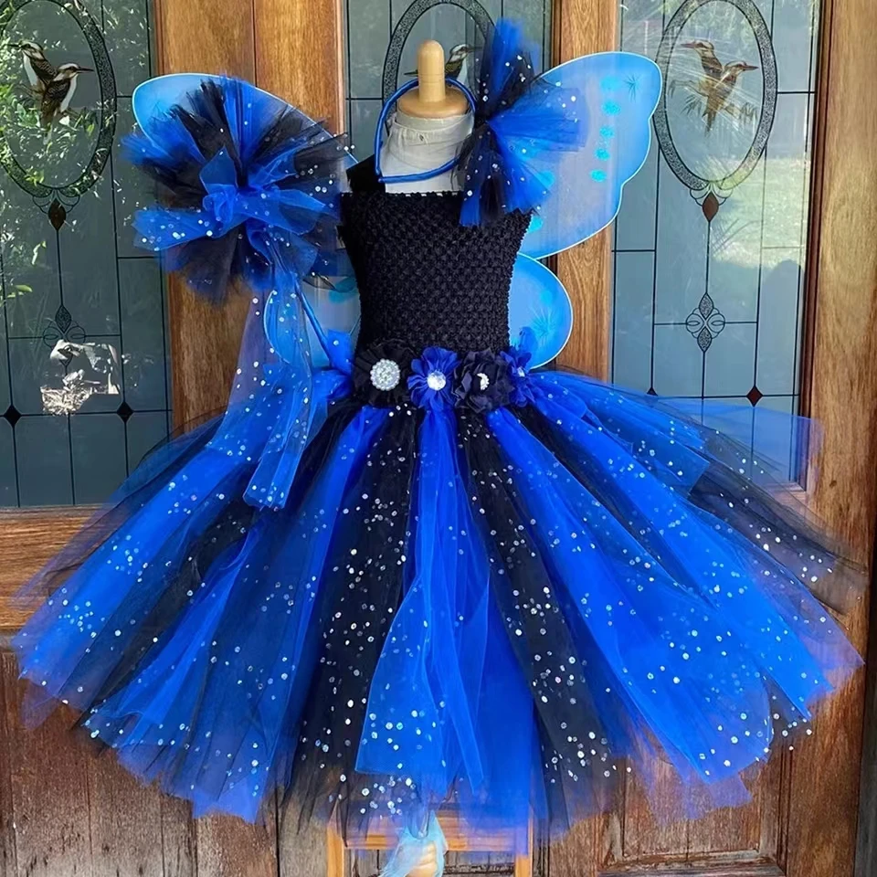 

Sparkly Blue Black Fairy Tutu Dress for Girls Birthday Party Gown Flowers Tulle Princess Dress Kids Halloween Costumes Wings Set