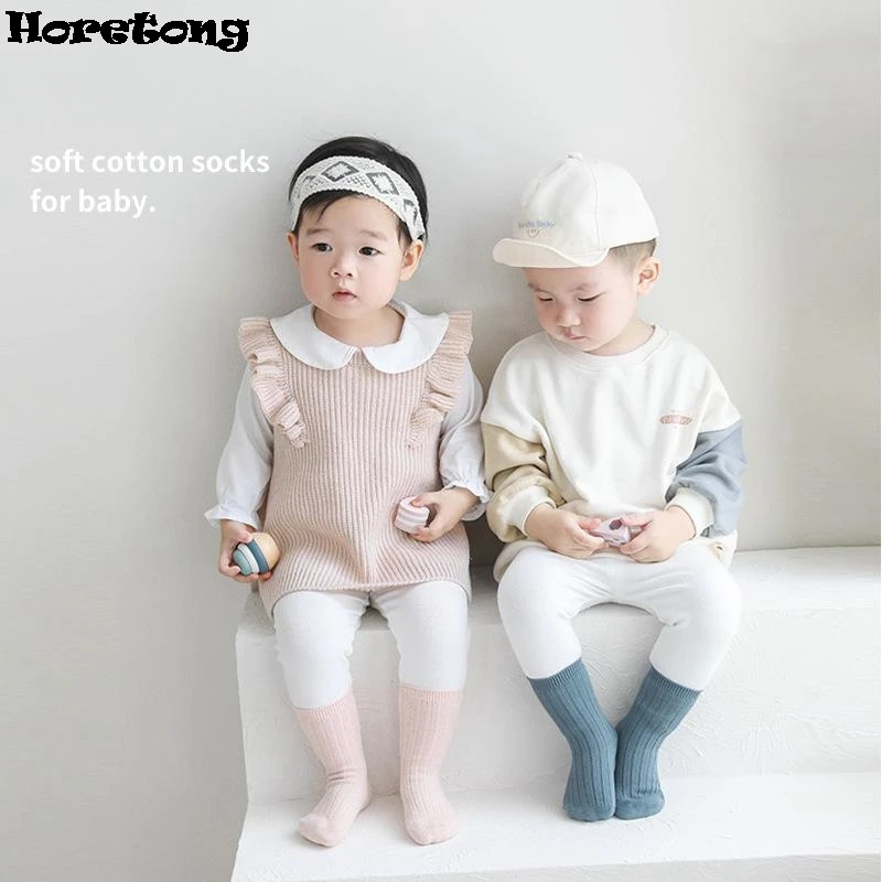 5 Pairs/Lot Spring Autumn Sock Baby Boys Girls Soft Breathable Cotton Socks Solid Colour Pit Striped Knitted Middle Tube Socks