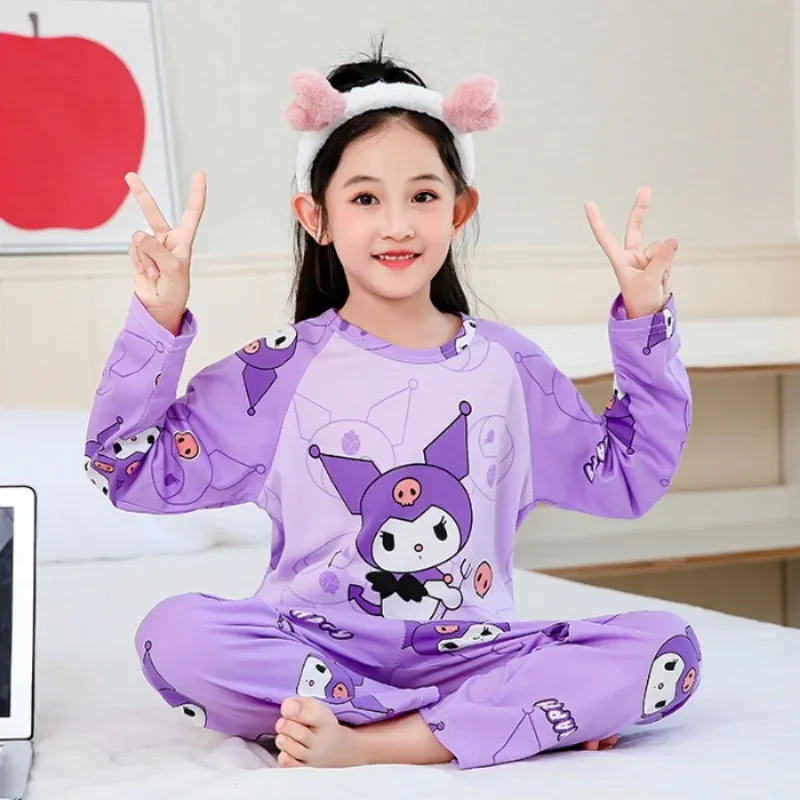 2pcs Kuromi 2 Long Sleeved Pants Pajamas Set Anime Figures Sanrio Children Nightwear Kawaii Kids Clothes Sleepwear Birthday Gift