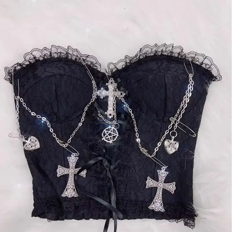 y2k fashion  bustier topy2k crop tops  gothic clothes y2k top y2k accessories Cross Tops e girl clothes  fairy grunge halter top