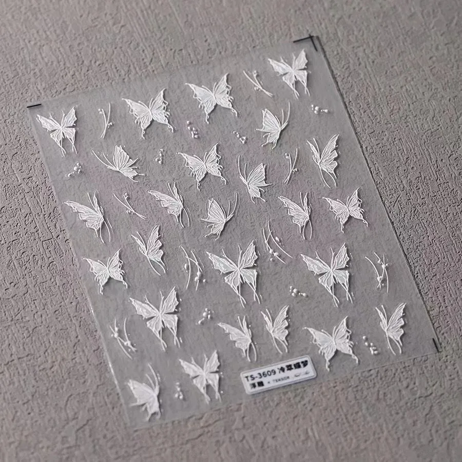 3D Embossed White Butterfly Nail Stickers Ethereal Liquid Self Adhesive Decals for DIY Manicure Bulk Wholesale