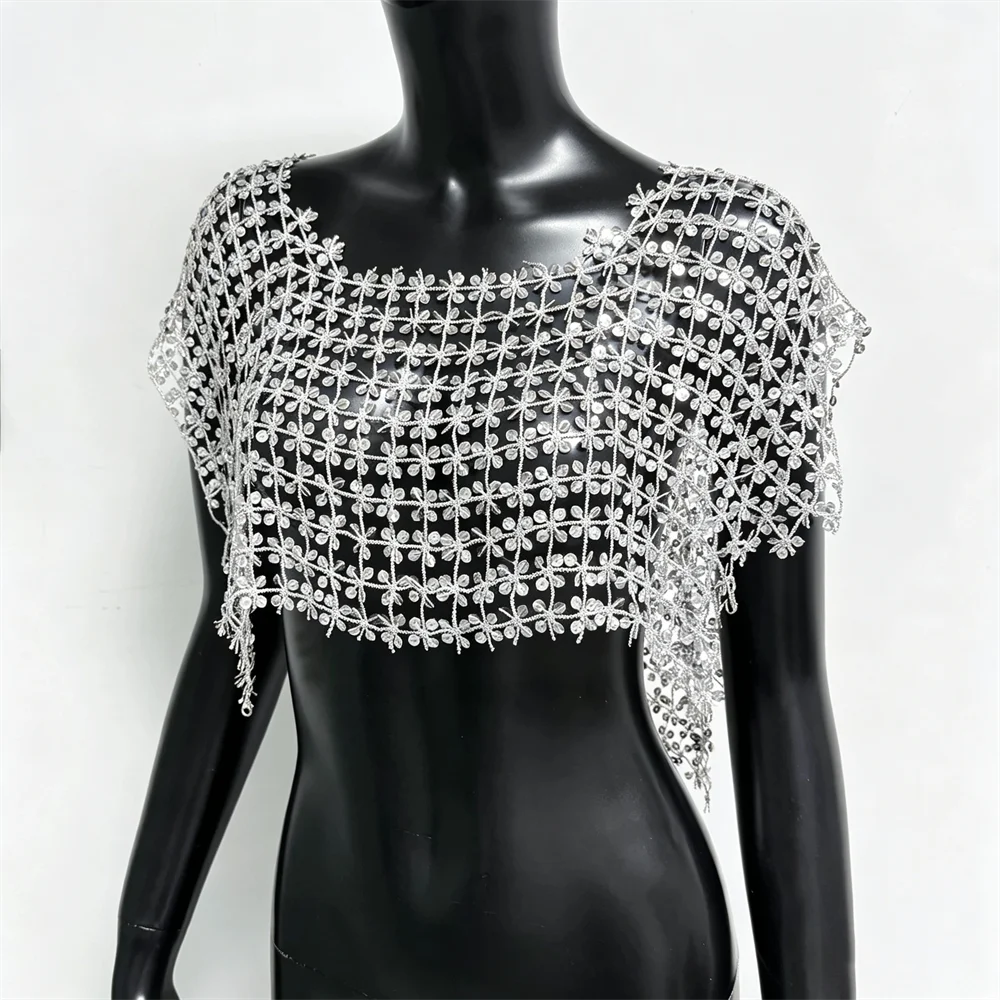 Damen Acryl-Pailletten Mesh Crop Tops Sexy Ausgehöhlt Durchsichtig Handgefertigtes Patchwork T-Shirt Rave Festival Party Tanktops – Detail 12