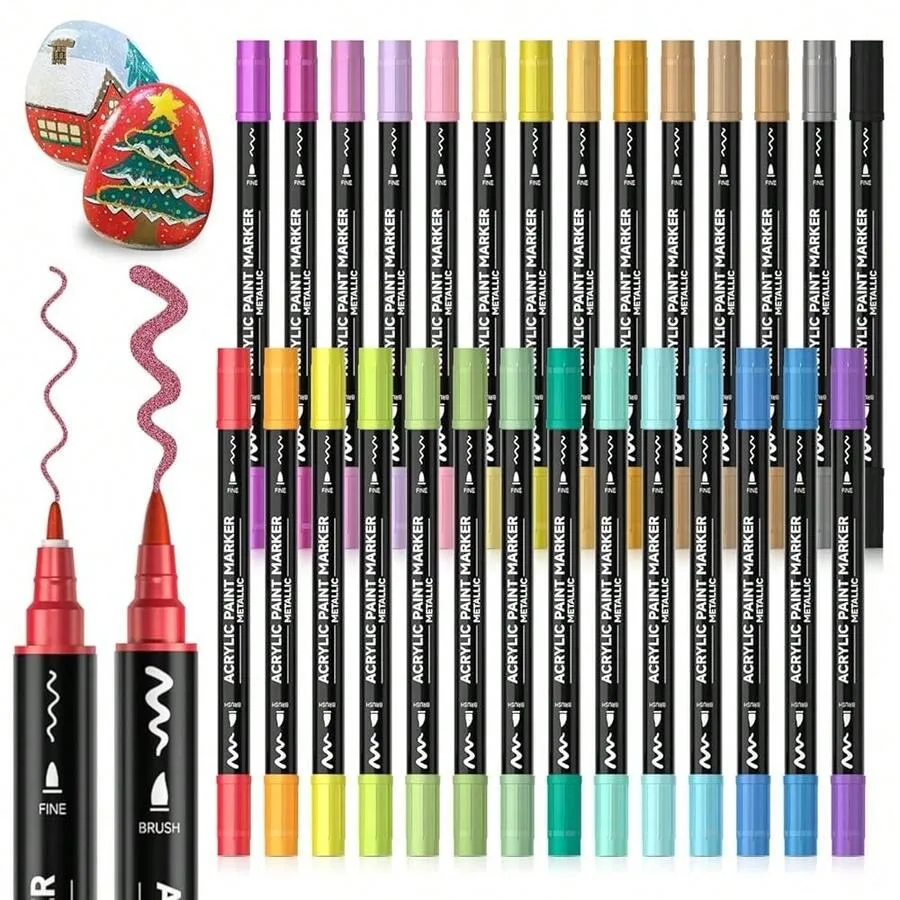 28 Metallic Colors Dual Tip Acrylic Paint Markers, Brush Tip And Fine Tip Acrylic Paint Pens For Rock Painting, Ceramic, Wood,