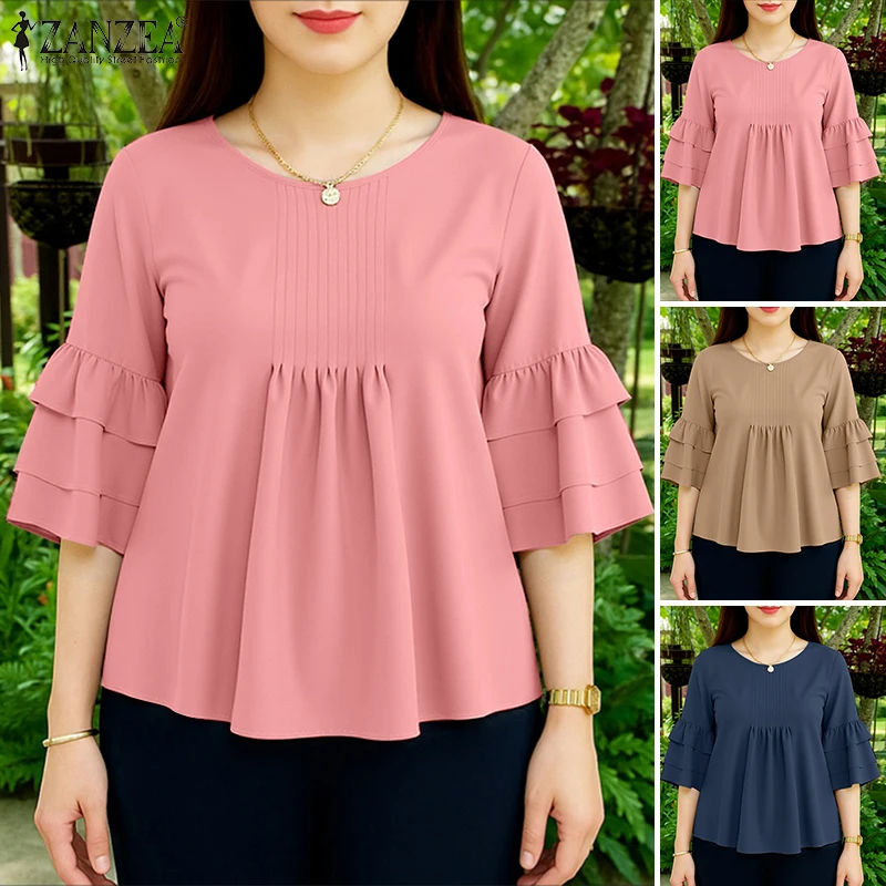 

ZANZEA Летняя элегантная блузка с рукавами 3/4, офисная женская блузка с круглым вырезом, однотонная свободная праздничная блузка, повседневная рабочая рубашка для женщин