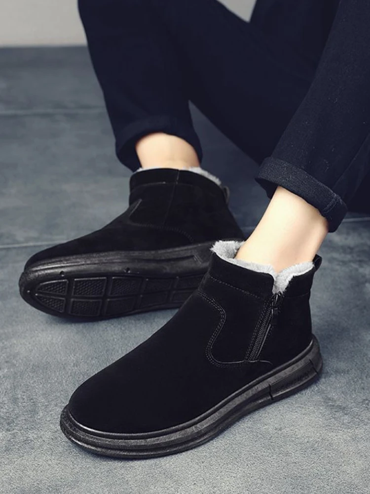 

​ Мужские зимние зимние ботинки на флисовой подкладке, хлопковые ботинки с высоким берцем на молнии, морозостойкие нескользящие ботинки на плоской подошве в корейском стиле ​