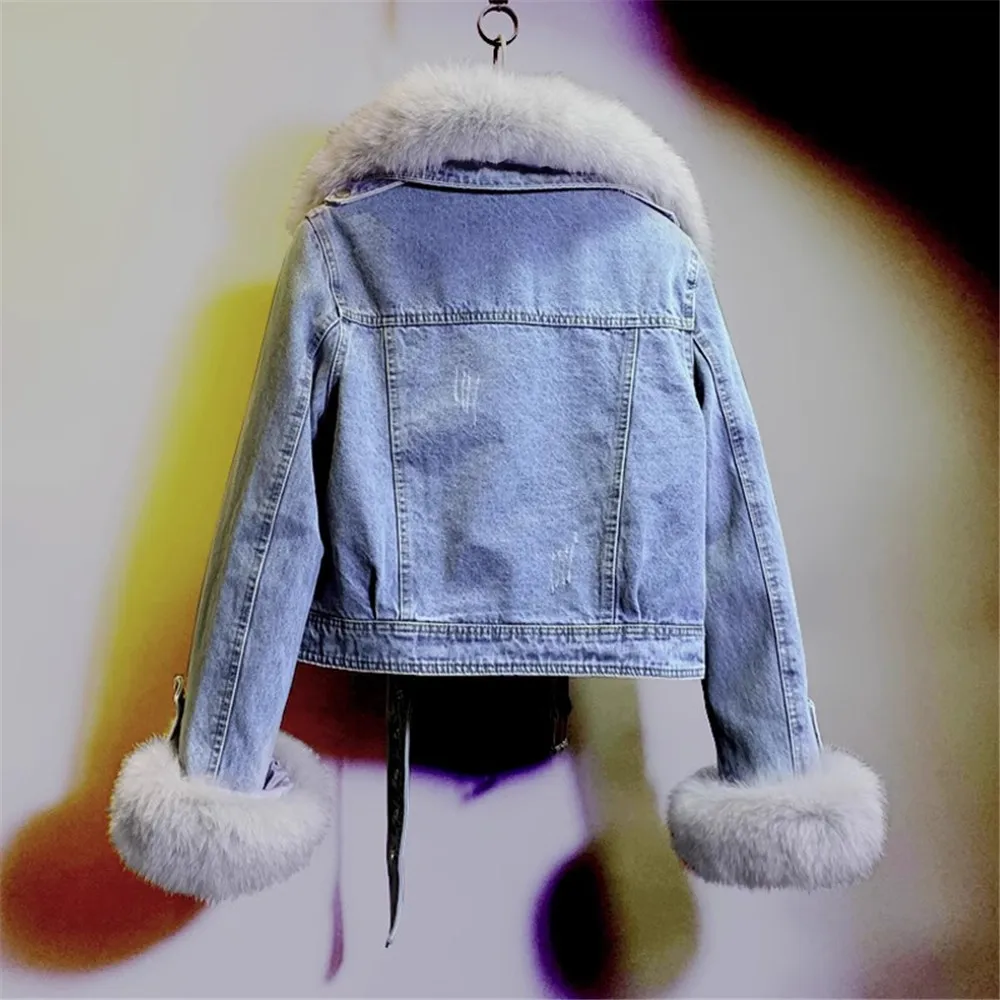 2023 Winter New Fox Fur Collar Detachable Plush Liner Denim Parkas for Women Short Denim Jacket Cotton Coat Female Outwear Y4556