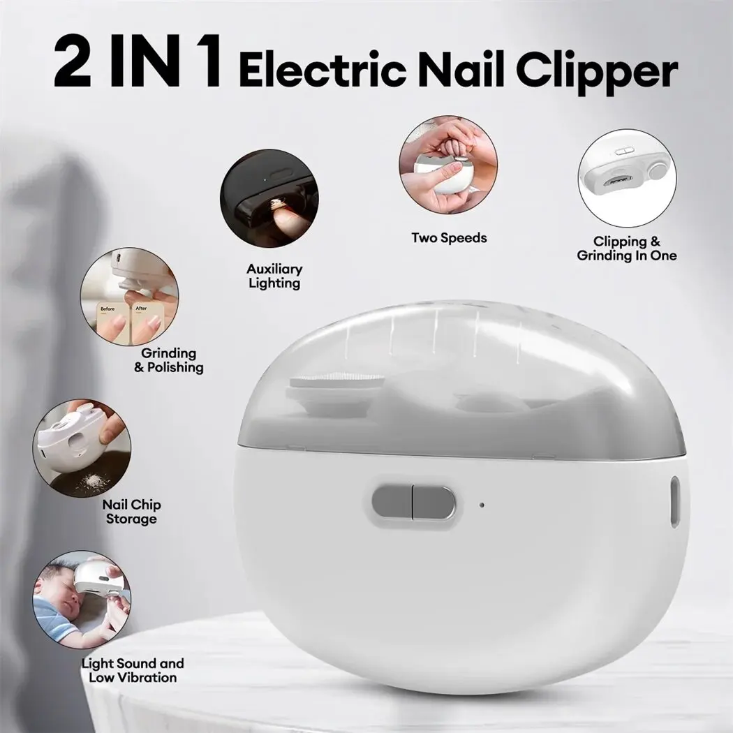 

2 in 1 Electric Nail Clipper Automatic Nail Trimmer Polisher 2 Speed LED Light Safety Lock Rechargeable for Baby Kids Elderly