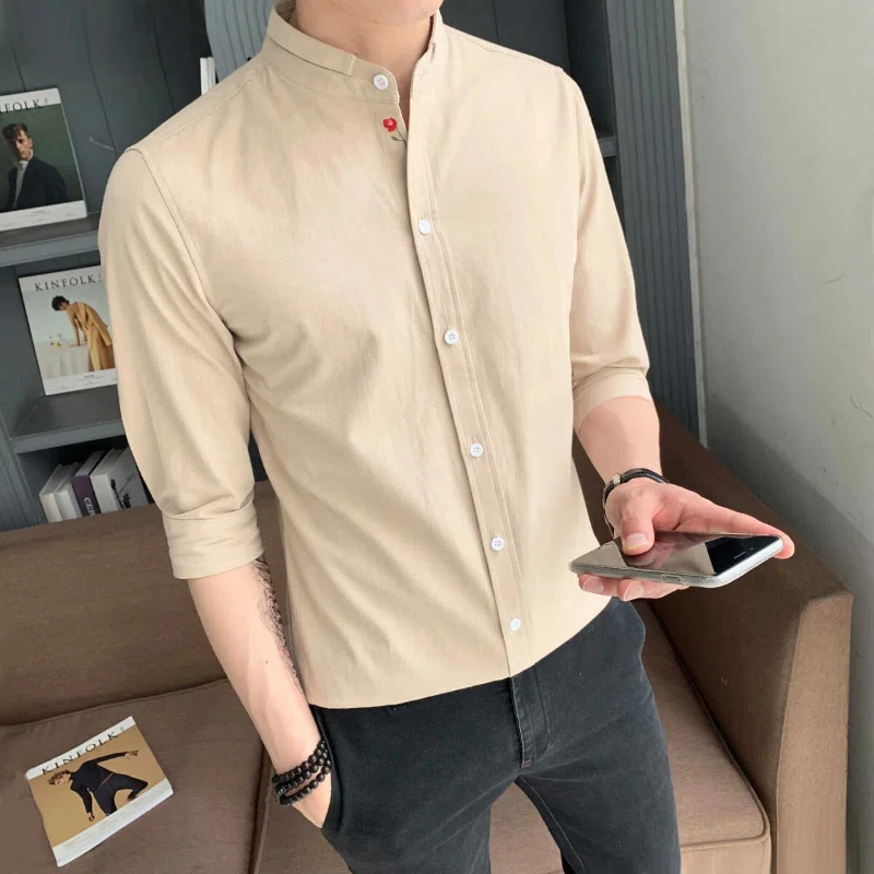 Men\'s Youth Trend 2024 New Summer Patchwork Stand Collar Button Fashion Solid Slim Minimalist Casual Seven Quarter Sleeve Shirts