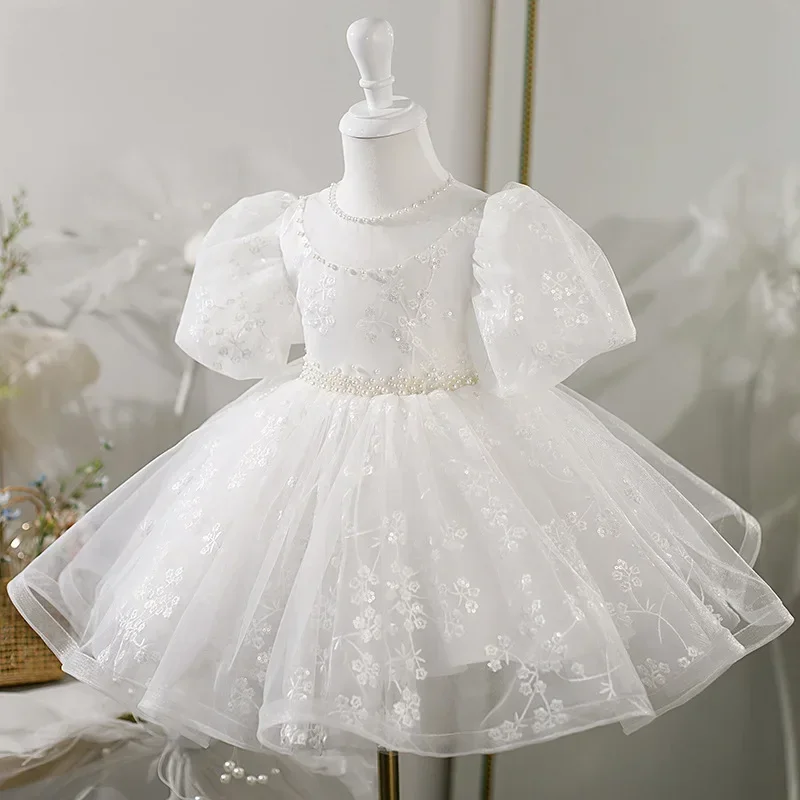 Customized O-neck Embroidery Puff Sleeve Flower Girls Dresses Slim Tiered Ball Gown Princess Vestidos Kids Birthday Party Dress