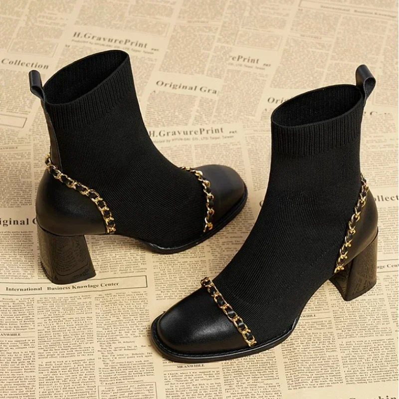 2024 Hot Sale Shoes for Women Slip on Women's Boots Winter Square Toe Solid Plush Warm Short Barrel Mid Heel Fashion Naked Boots