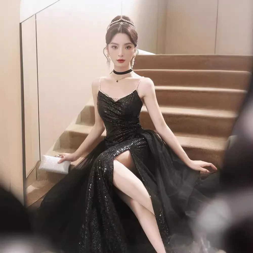 Black banquet evening dress for women new temperament dinner dress