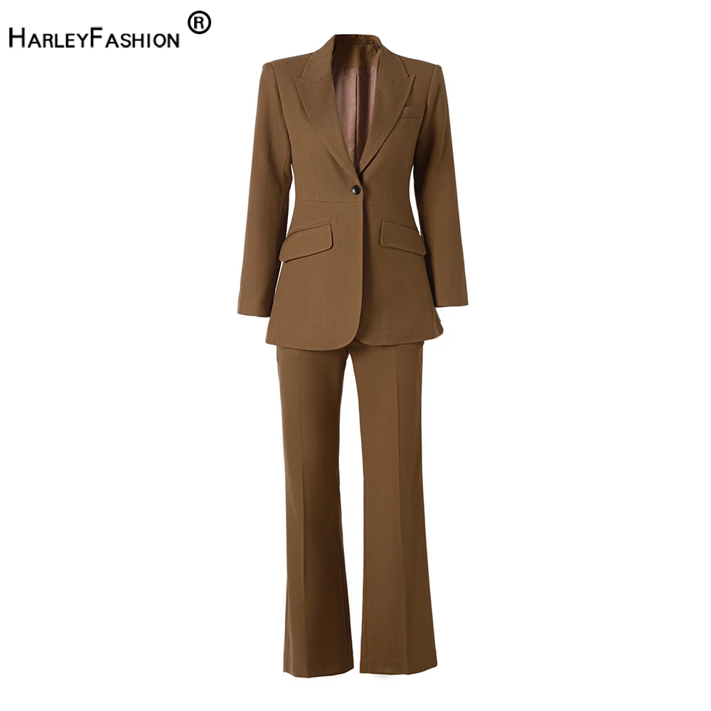 5 Colors Finework Superior Style New Fall Thick Fabric Women 2PCS Lady Suit Single Buttton Blazer Flare Pants OL Twin Sets