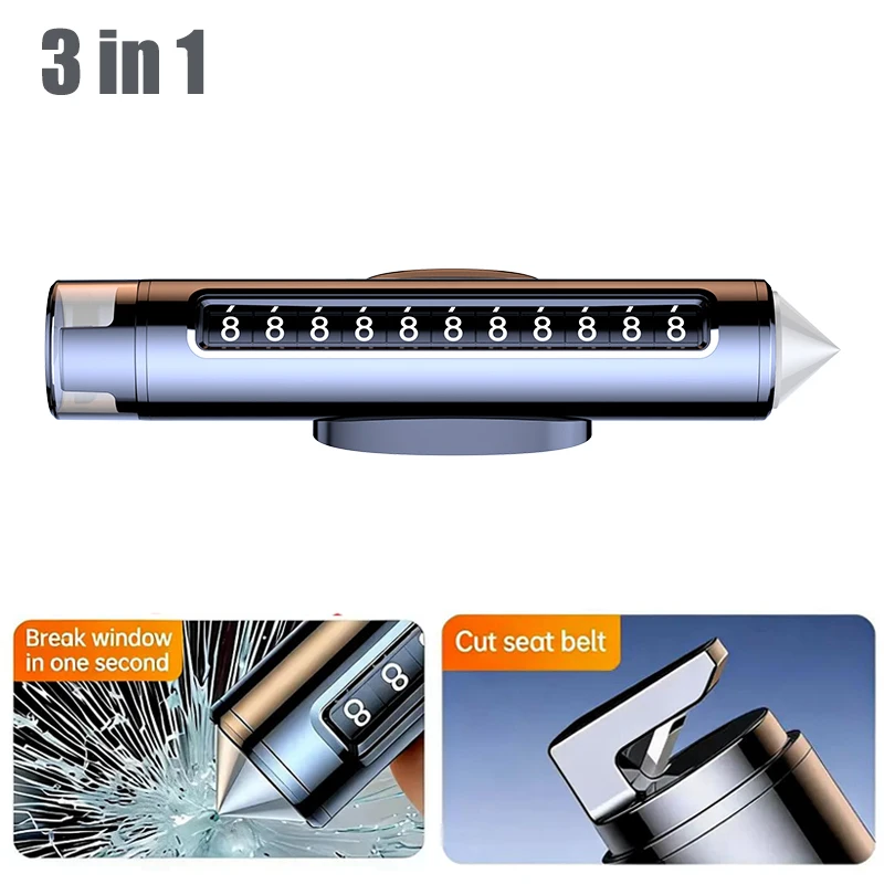 3 in 1 Alloy Car Temporary Parking Card Auto Safety Hammer with Seat Belt Cutter Card Rotate Phone Number Plate - view 5
