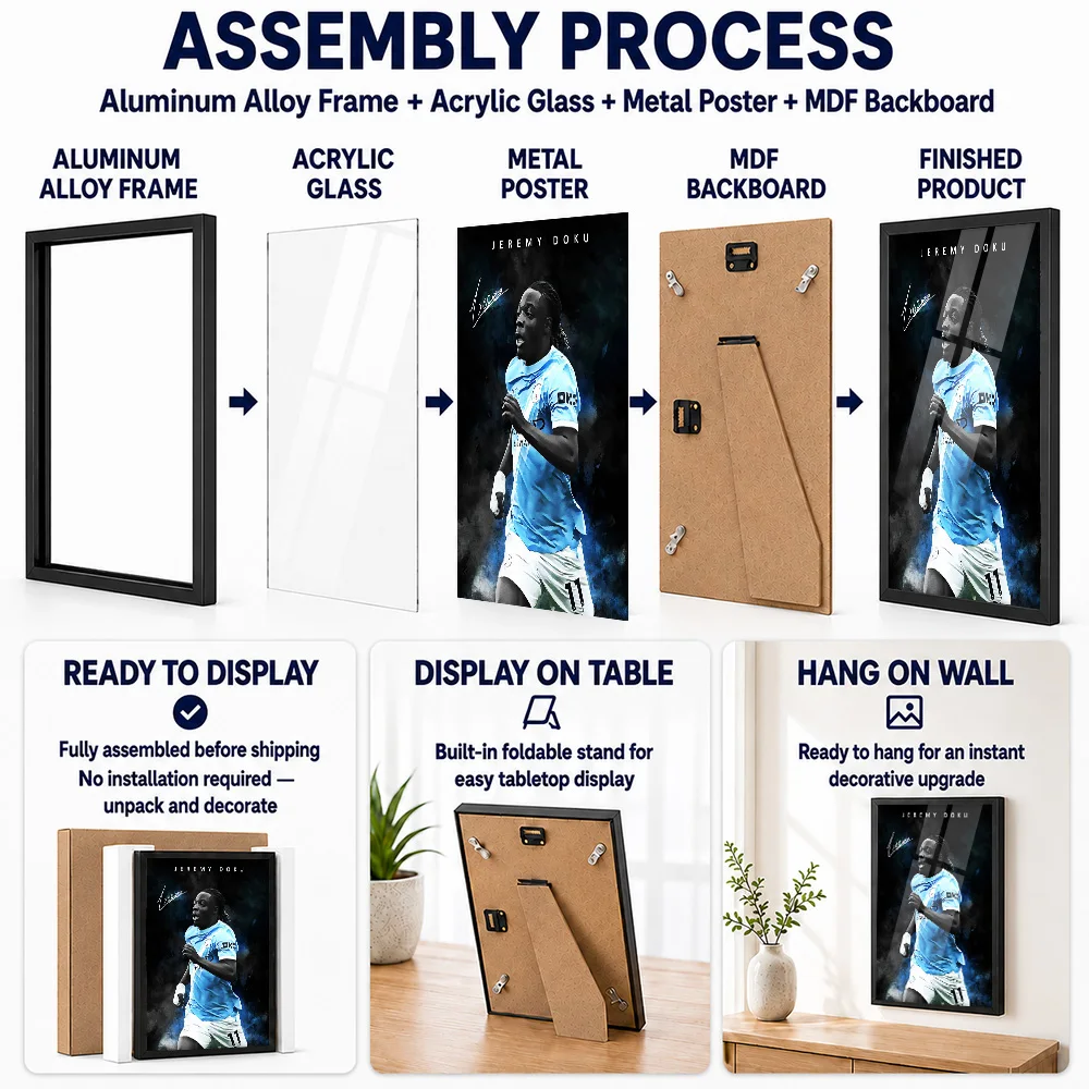 Jeremy Doku Football Framed Aluminum Metal Poster Customized Photo Modern Team Style Wall Art For Clubhouse Memorable Fan Gift