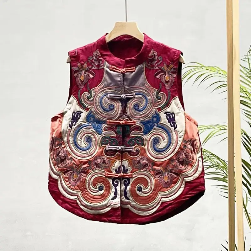 Chaleco bordado de estilo étnico chino Retro para mujer, novedad de primavera 2021, Top sin mangas, chaleco con cuello levantado de lino y algodón Jacquard