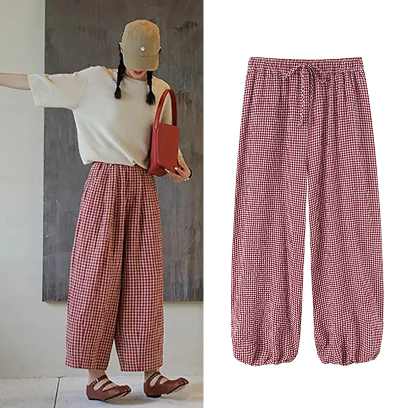 Pantalones de chándal casuales sueltos para mujer 2026, color rojo vino, a cuadros, con cintura elástica y cordón, suaves, para estar en casa o dormir