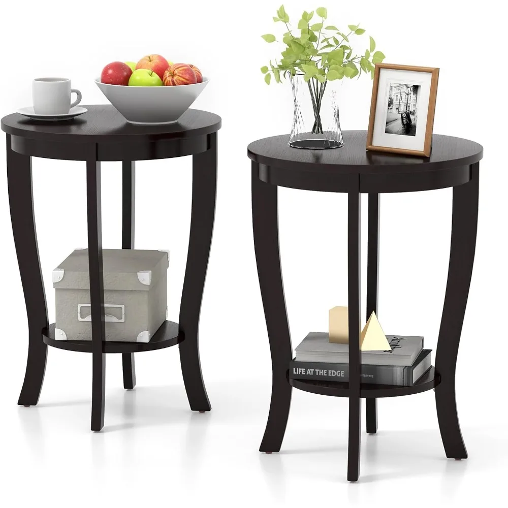 

2-Tier Round End Table Set of 2, 18” Sofa Side Table with Storage Shelf, Floor Tea Table with Solid Wood Legs