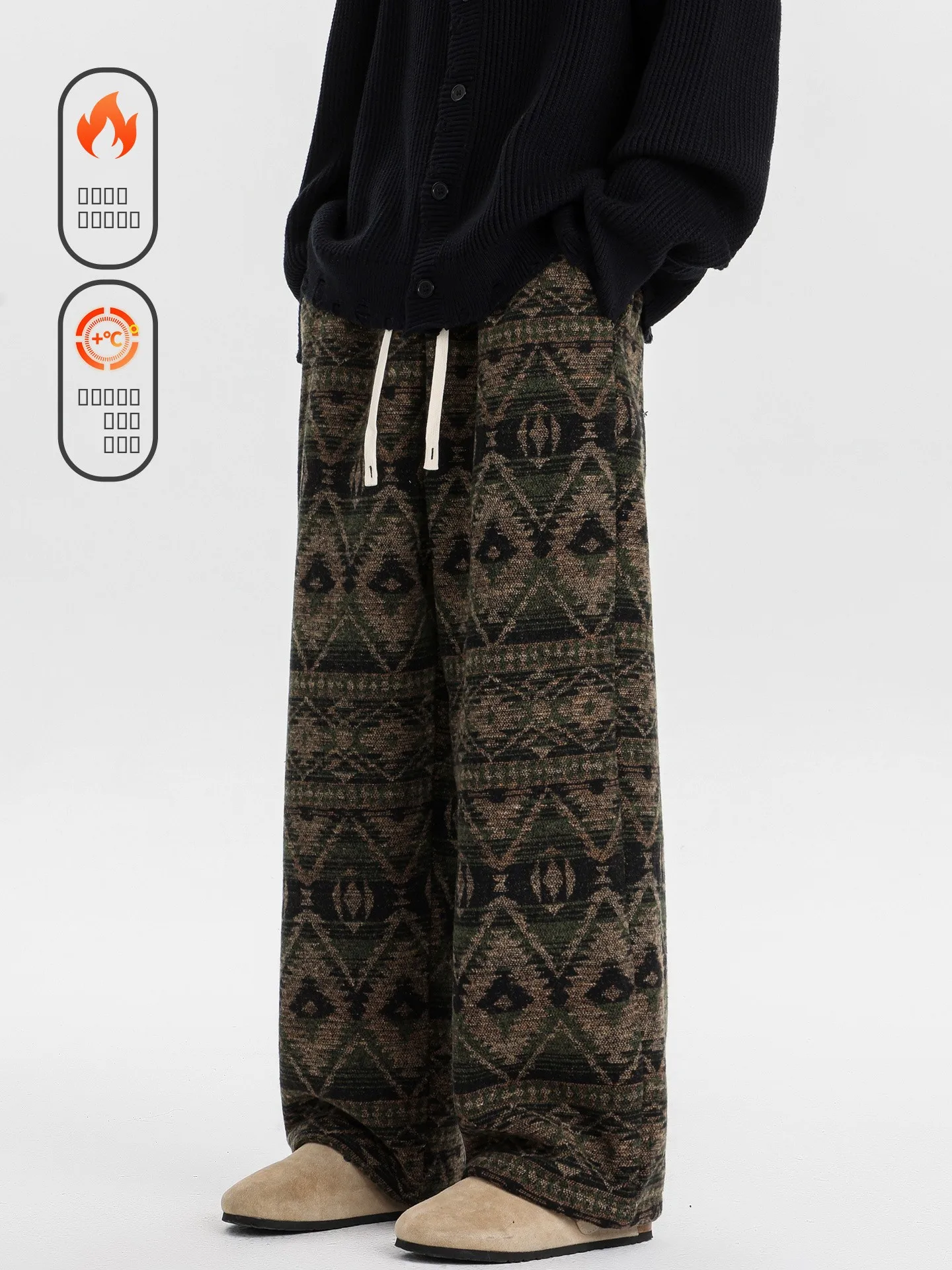 

Теплые повседневные брюки на флисовой подкладке, мужские свободные спортивные брюки с широкими штанинами, зимние винтажные брюки с этническим узором, модная брендовая повседневная одежда