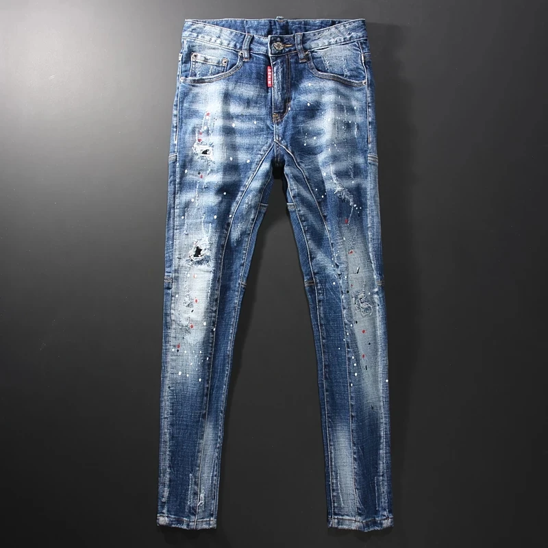 Jeans Slim Fit Split pour hommes, pantalons en denim résistants, peints en bleu rétro, mode de rue, designer, haute qualité, zones bre