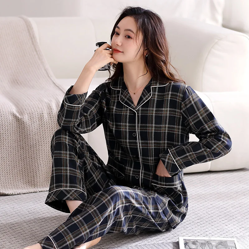 Long Sleeve Plaid Pyjamas Women Full Woven Cotton Ladies Pajama 2Pcs Set Indoorwear Homewear Leisure Home Clothes At All Seasons