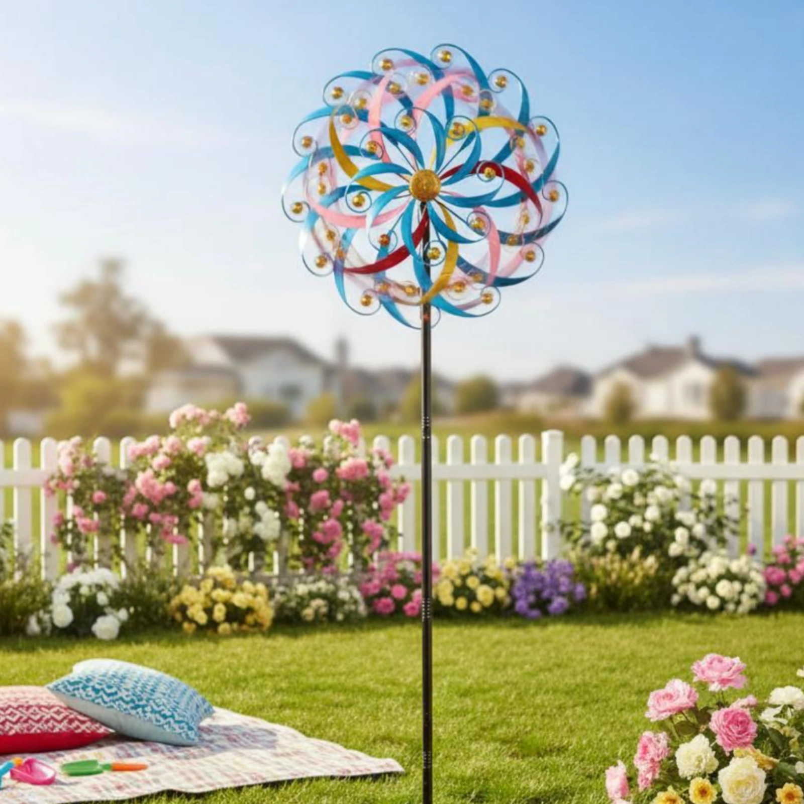 

Three Layer Wind Twirler Decor Eye Catching Colorful Garden Twirler Metal Wind Twirler 3D Design Easy to Install for Patio