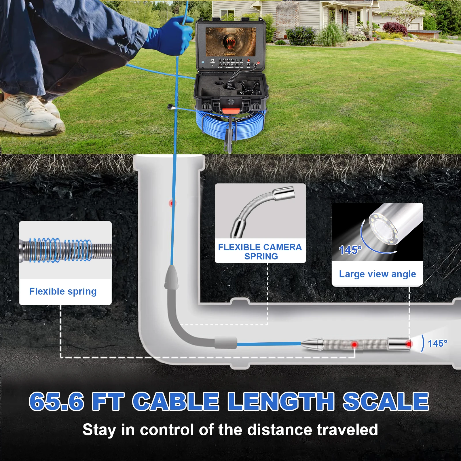Sewer Inspection Camera 7in Screen Auto Leveling Sewer Camera with 512Hz Transmitter Waterproof Endoscope with Light 16GB Card