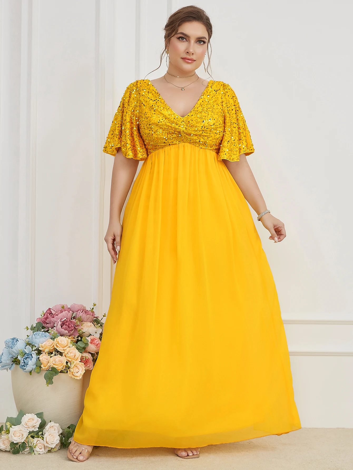 Unithorse Plus Size damskie dekolt w serek kontrast cekinowy motyl wieczorowa sukienka z szyfonu rฤkaw