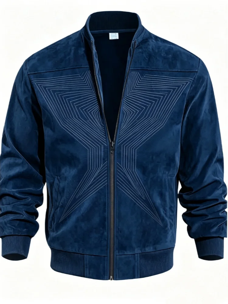 Men Stand Collar Zip Bomber Jacket Slim Fit With Pockets Double Sided Geometric Line Print Streetwear Casual Coat
