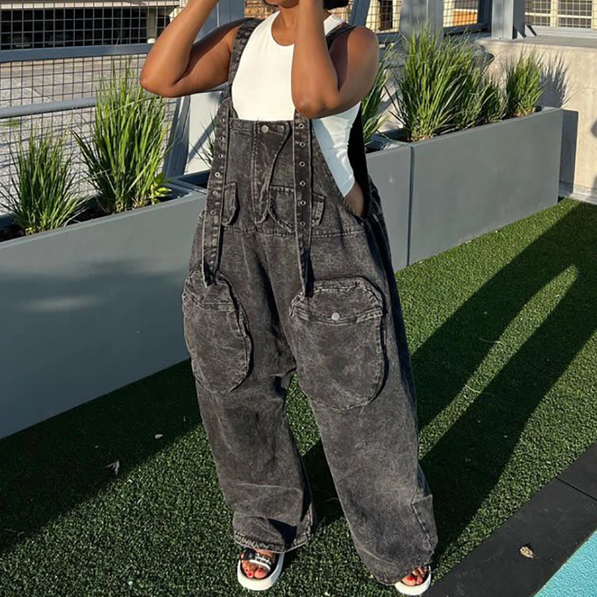 

Denim Jumpsuits Women One Piece Pants Sleeveless V Neck Pockets High Waist Straight Pant Casual Rompers Overalls Spring Summer