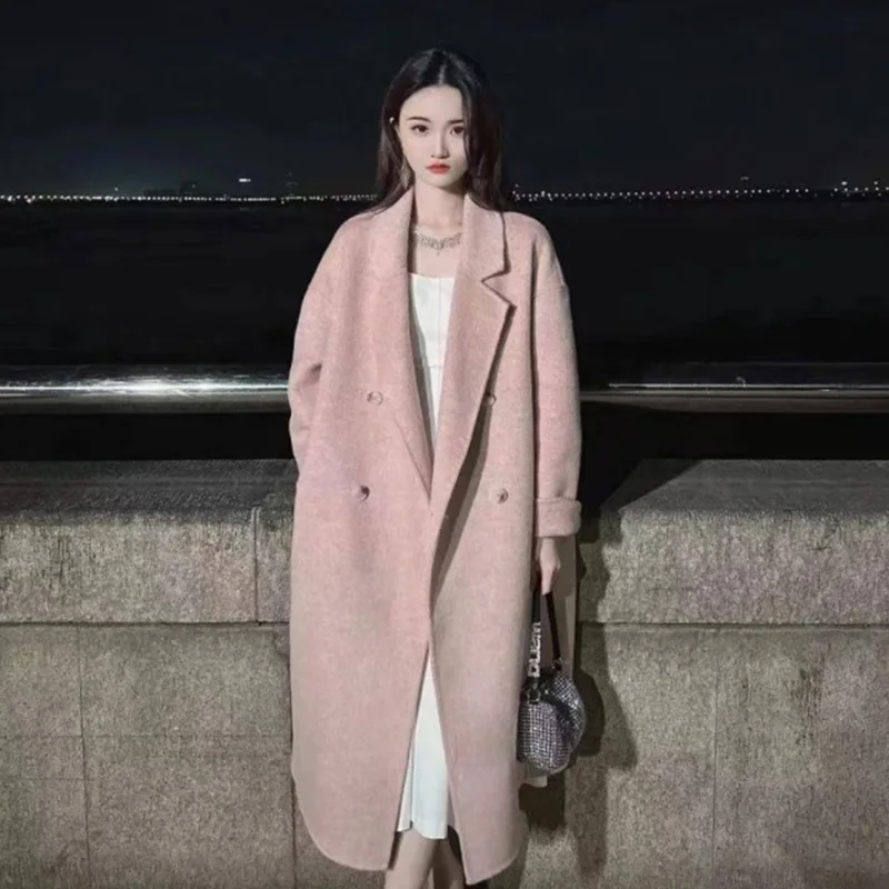 New Mulberry Silk Superfine Wool Coat Thick Double-sided Cashmere Coat Double-breasted Women Lapel Long Winter Wool & Blends