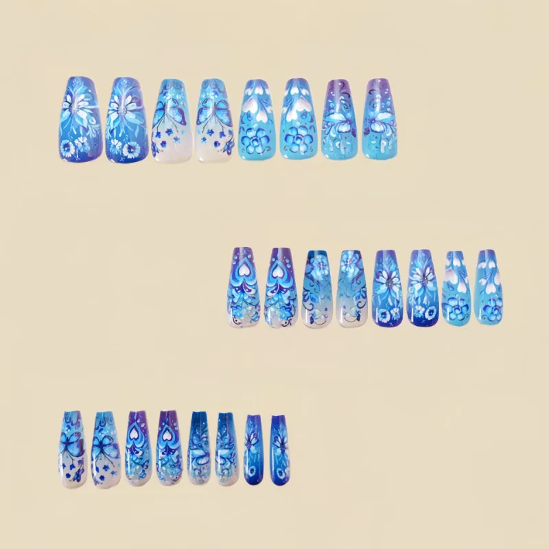 24 pçs de comprimento médio ballet unhas falsas longo azul floral borboleta caixão dedo dicas de unhas barato imprensa em unhas acrílicas removíveis