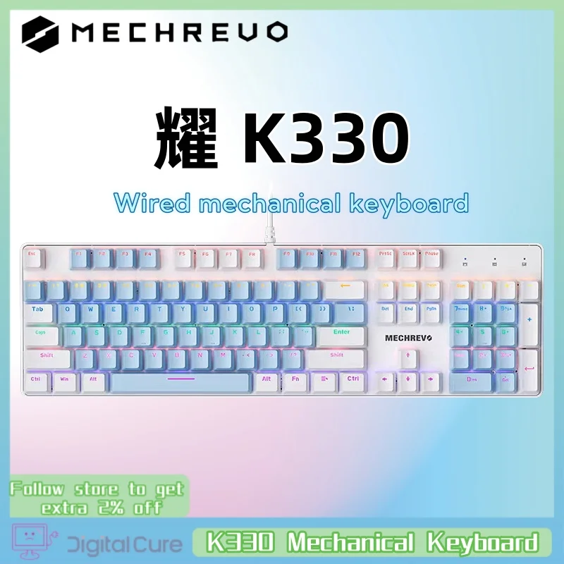 Mechrevo K330 Mechanical Keyboard Wired Game Keyboard 104 Key Mixed Color Backlight Keyboard White Blue Keycap Cyan Switch