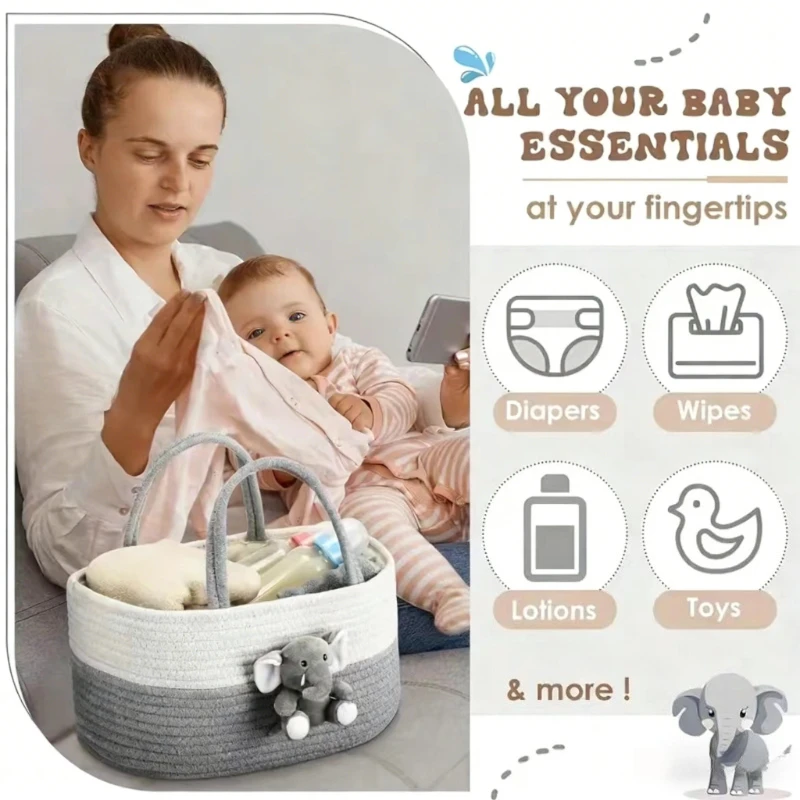 Portable Diaper Caddy Organizer - Large Capacity Cotton Rope Storage Basket with Handle, Travel Baby Changing Station Bag