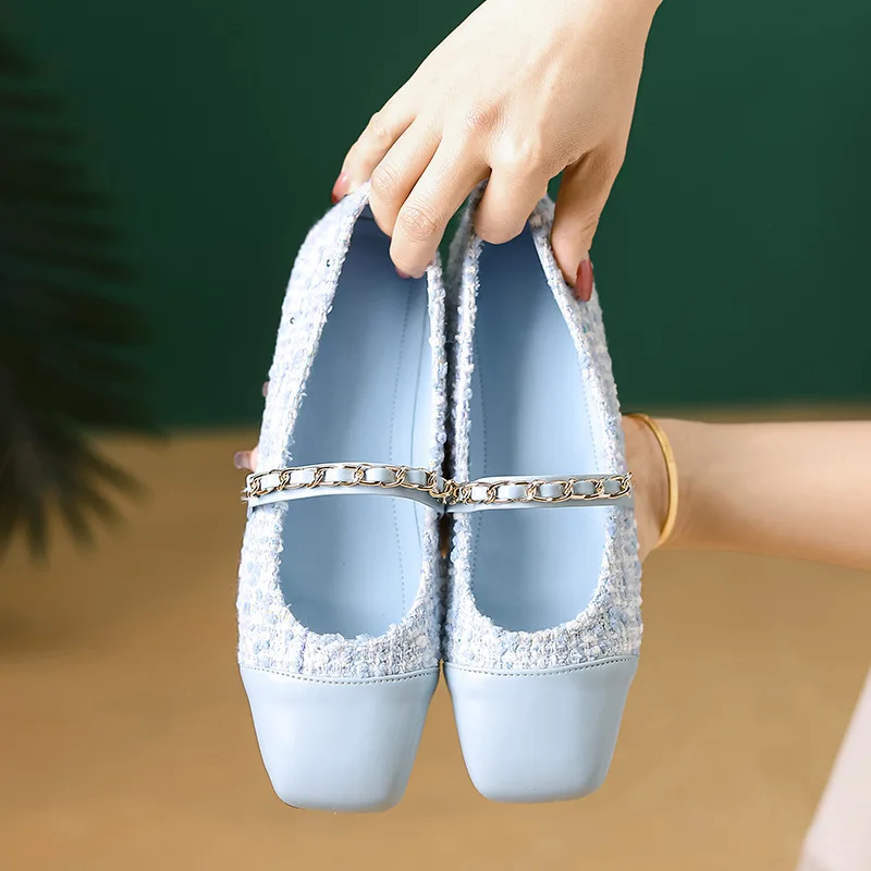 2026 Women's Multi-Color Tweed-like Texture Fabric Chain Detail Mary Jane Square Toe Comfort Daily Flat