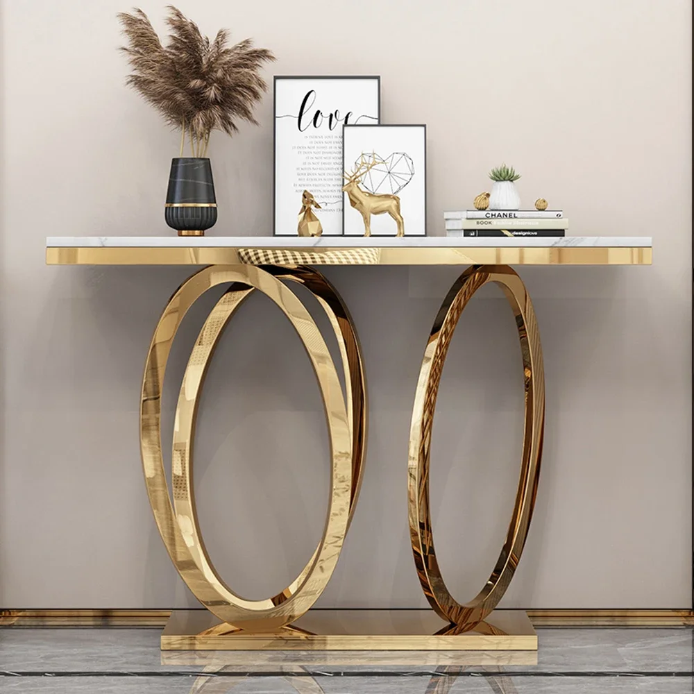 Living room furniture, golden foyer console table, luxurious mirror finish