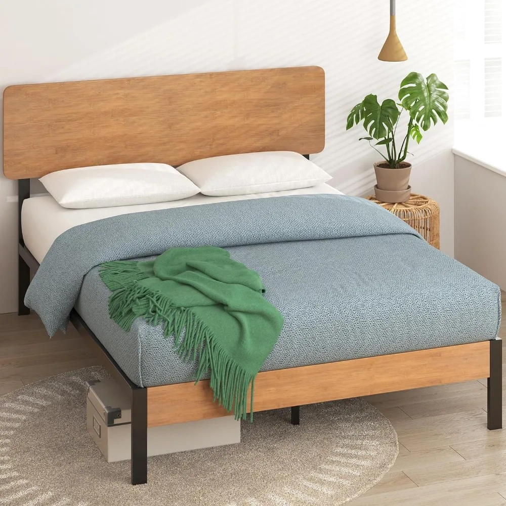 Olivia Metal and Bamboo Platform Bed Frame, No Box Spring Needed, Wood Slat Support, Easy Assembly, Queen