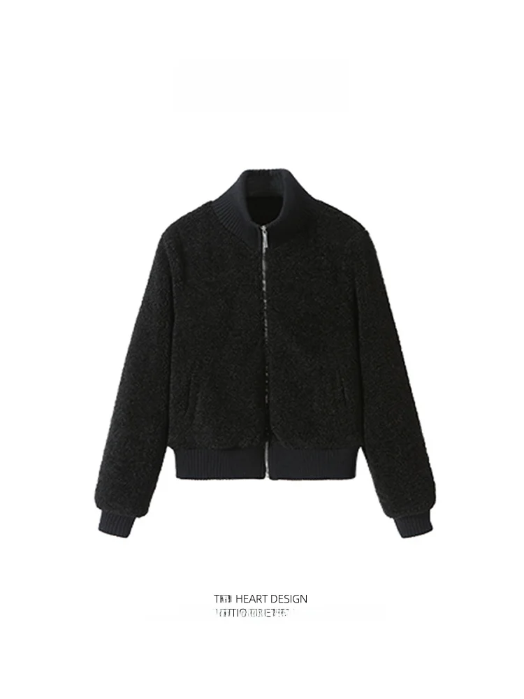 

Bla Lamb Fur Jaet Женская зимняя теплая верхняя одежда с воротником-стойкой Вязаный открытый кардиган Slim Fit American Sle Long Sve