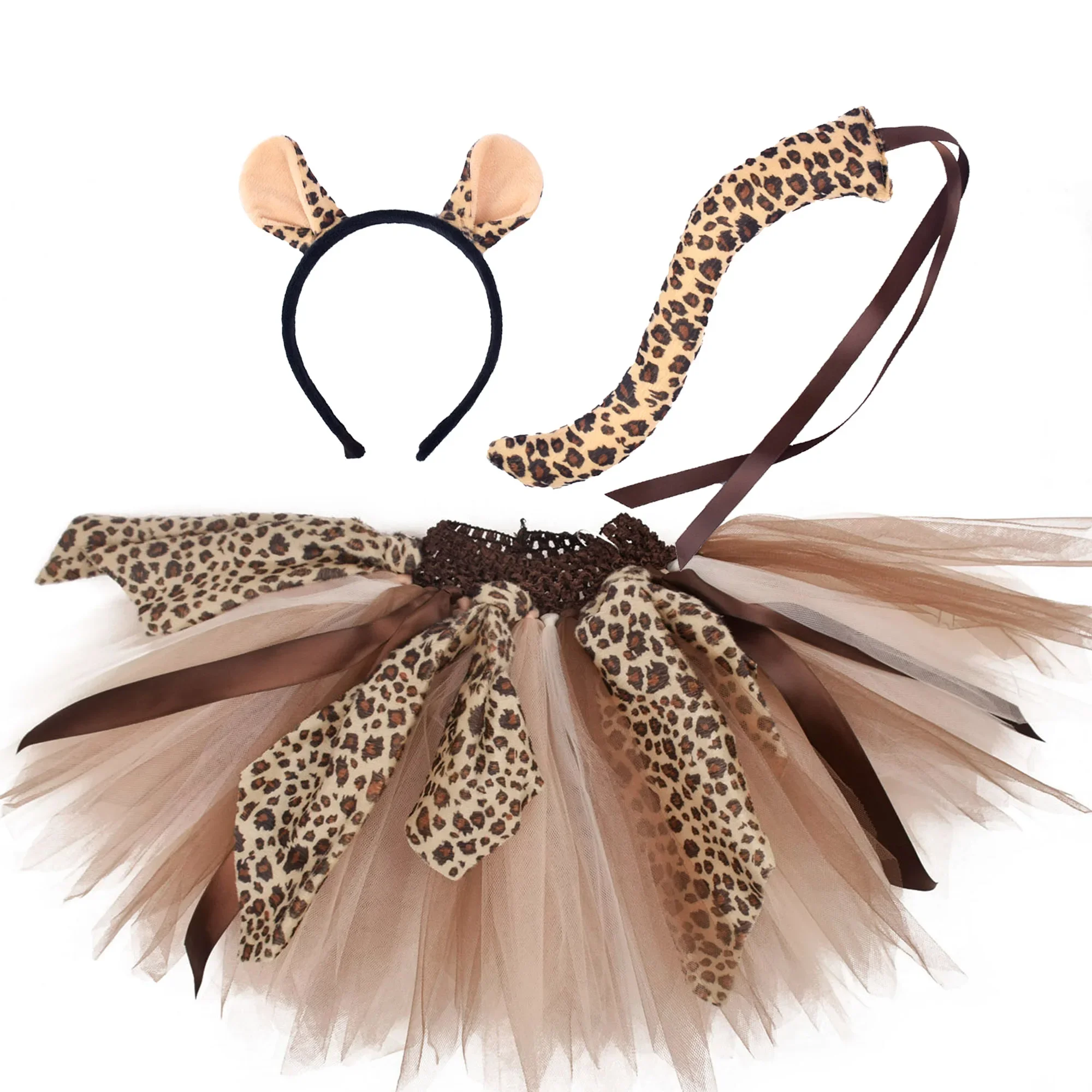 

3 Pcs Halloween Costume Animal Tutu Ears Headband Tail Fancy Dress Costume Kit for Girls Reindeer Tiger Lion Leopard Tutu Set