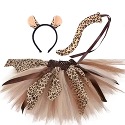 3 Pcs Halloween Costume Animal Tutu Ears Headband Tail Fancy Dress Costume Kit for Girls Reindeer Tiger Lion Leopard Tutu Set