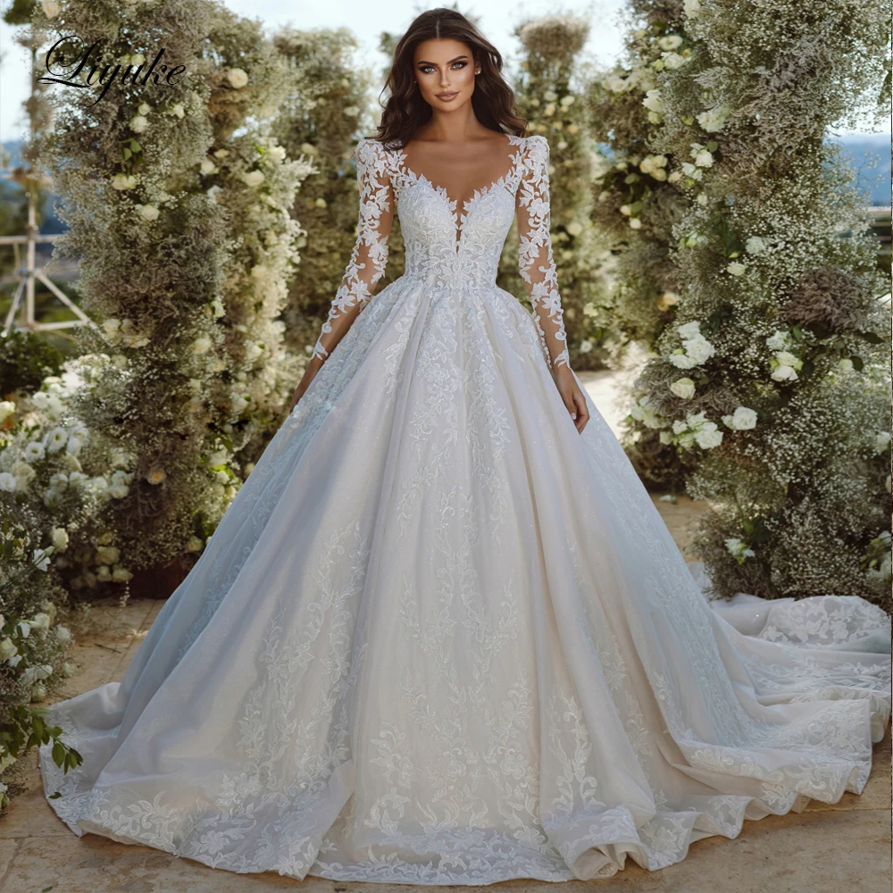 Liyuke Elegant V-Neck Ball Gown Wedding Dress Beading Pearls Embroidery Lace Full Sleeves Vestido De Noiva