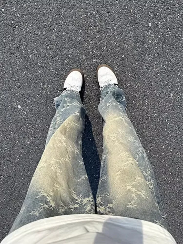 

Мужские джинсы-брюки с вышивкой в японском стиле, широкие, прямые, свободные, повседневные, для весны и осени, новинка, в стиле High Street