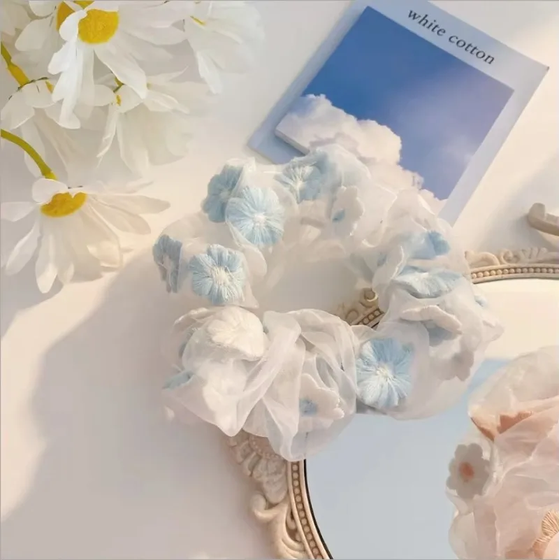 Sweet Popular Lace Hairband Embroidery Organza Daisy Hair Scrunchie Solid Color Transparent Tulle Hair Ties