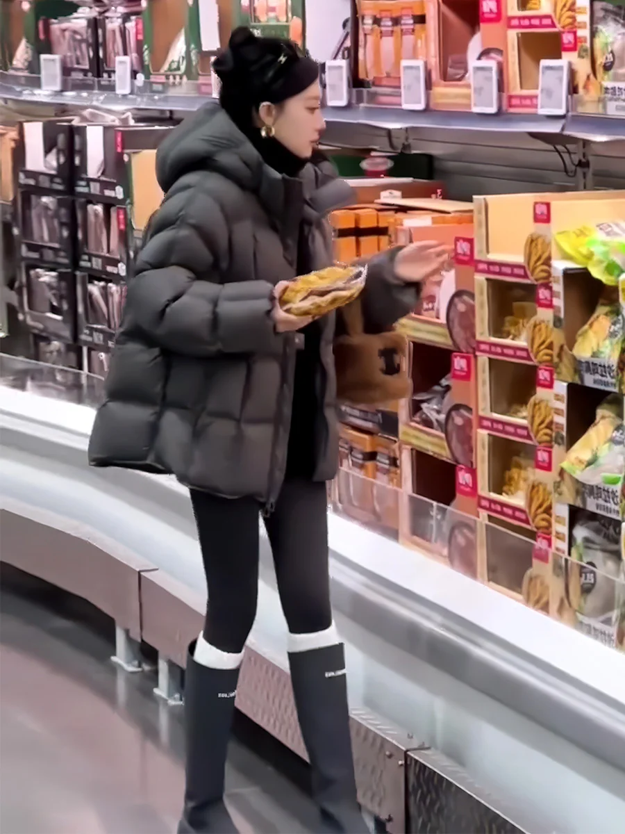 Abrigo cálido Thiened Du down Puffer Jaet Bread Sle para mujer, informal, holgado, largo, con cierre de cremallera, sombrero con original...