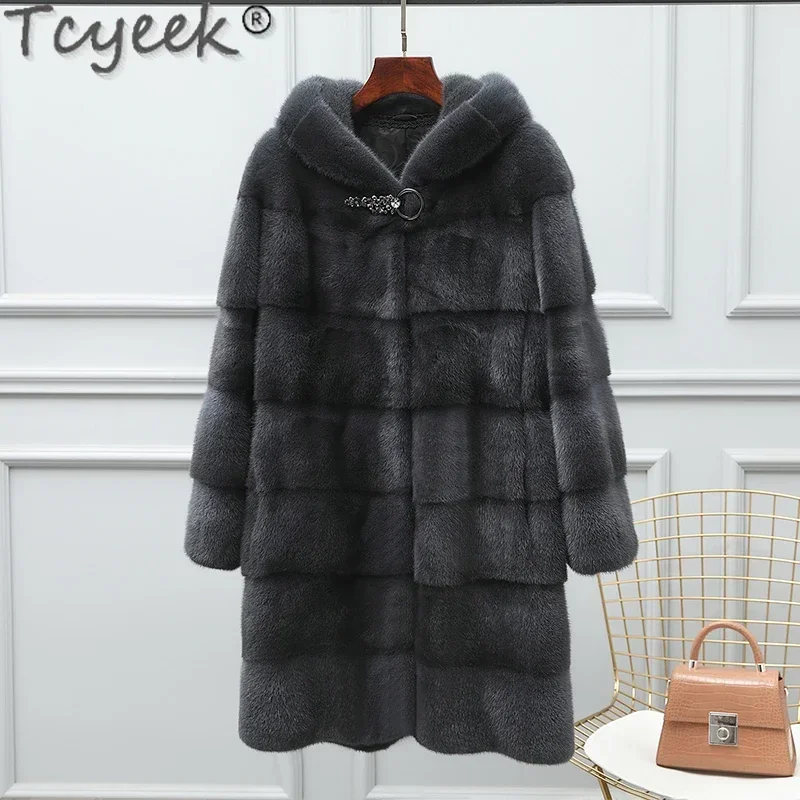 Tcyeek Natural Mink Women's Fur Jackets Winter Warm Pure Mink Fur Jacket High End Fashion Luxury Fur Coat Hooded Fourrure Femme