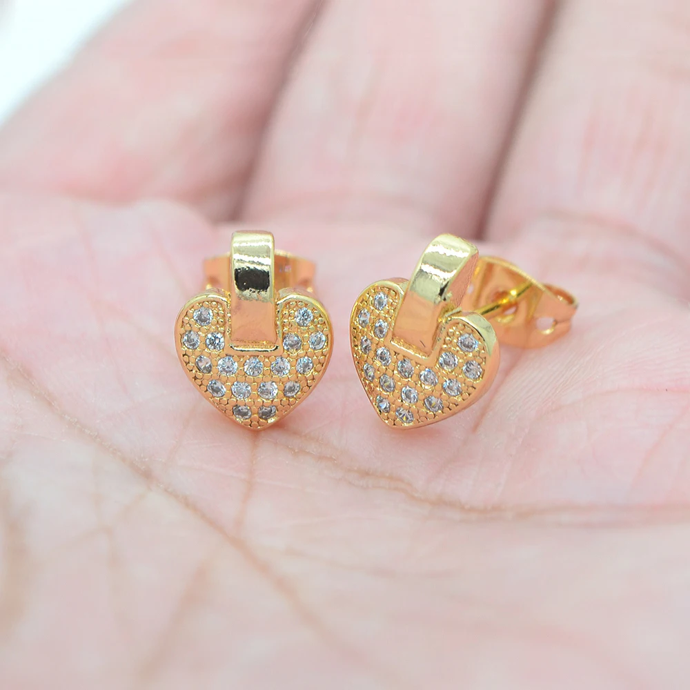 Fashion Gold Color Women Clear Cubic Zirconia CZ Tender Love Heart Stud Earrings Jewelry