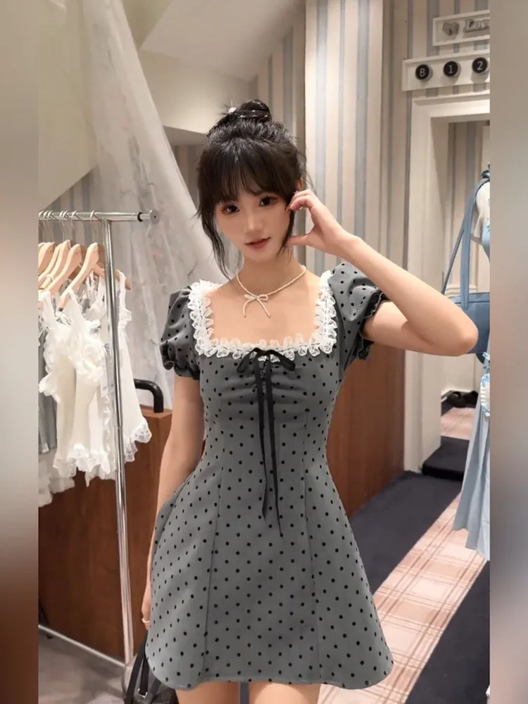 

Summer Large Size Women's Dress with Bow Knot Bubble Sleeves Square Collar Polka Dot Lace Trim A-Line Short Skirt Korean Style
