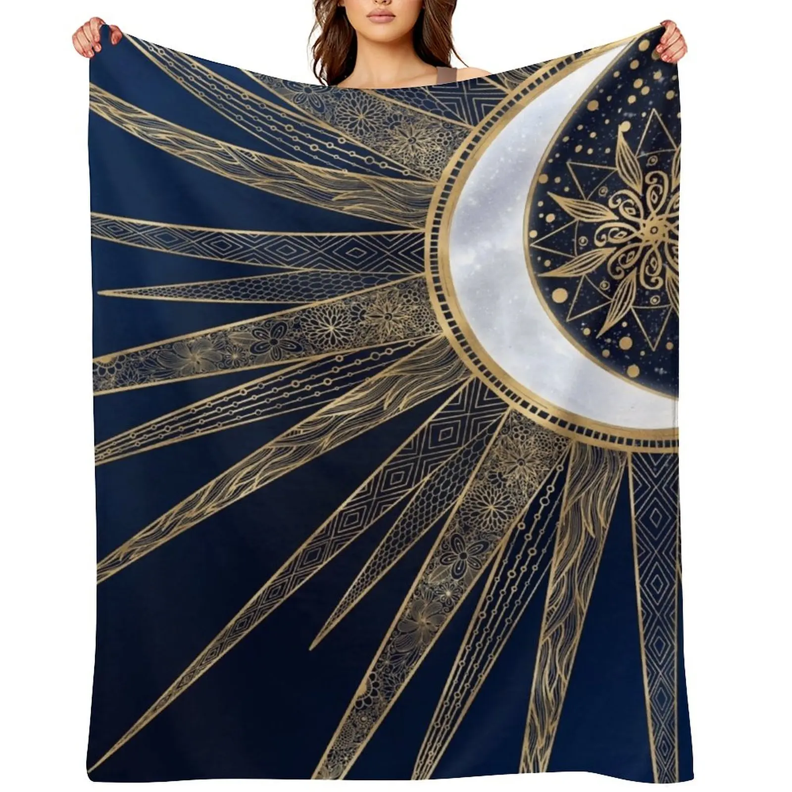 

Blue Gold Sun Moon Mandala Doodling Art Throw Blanket anime for winter Designers Soft Blankets
