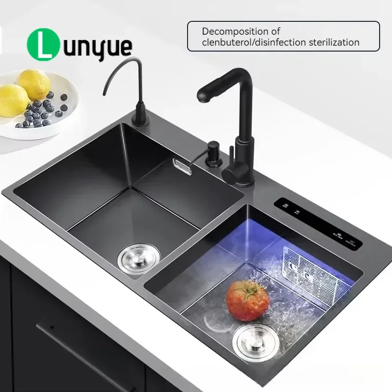 Ultrasonic Multifunctional Double Kitchen Sink Smart Touch Crystal Nano Stainless Steel Integrated Cleaning Basin for Modern