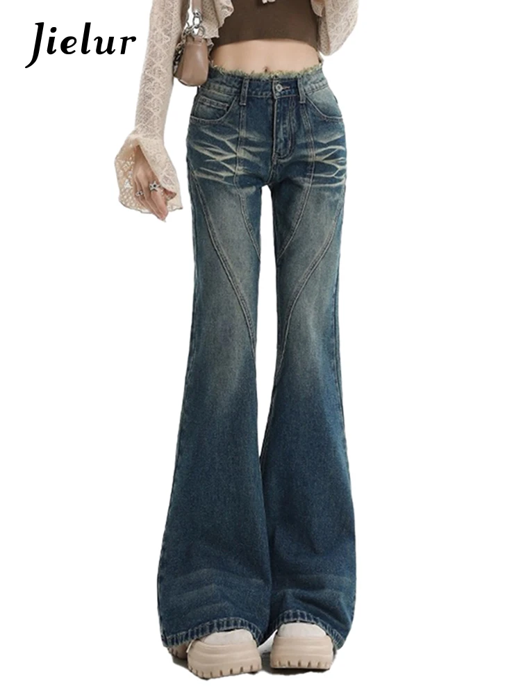 Jielur Vintage Washed High Waist Women's Jeans Fashion Streetwear Sexy Slim Tight Hip Chic Zipper Pockets Female Flare Pants