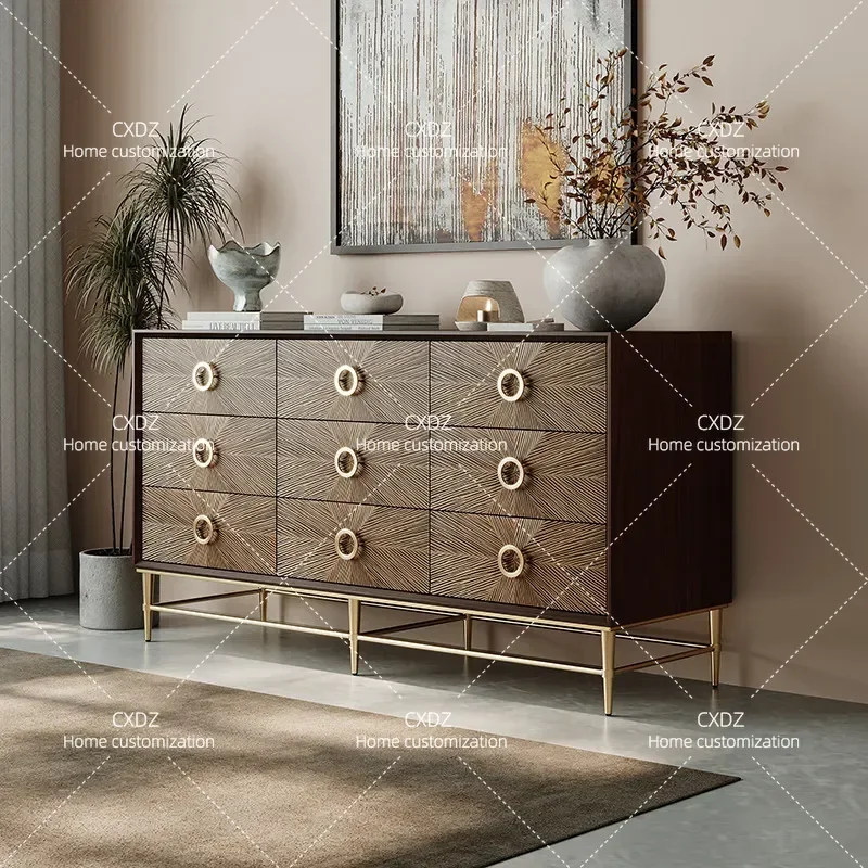 Italian Light Luxury Solid Wood Carving Nine Drawer Chest High End Villa Bedroom Bedside Cabinet Post Modern Luxury Porch